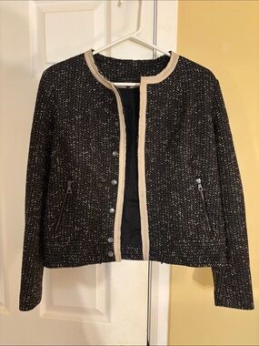 Rag & Bone Collarless Black Tweed Jacket with Cream Trim - Women's Blazer